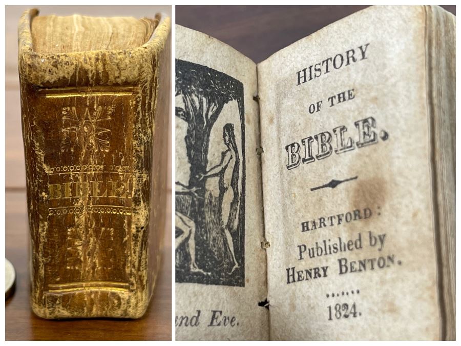 Antique 1824 Miniature Book History Of The Bible Published By Henry Benton 12.5W X 2H