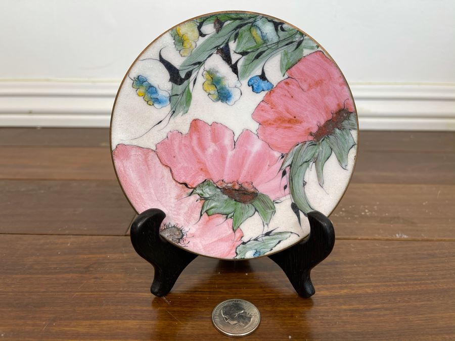 Signed Lilyan Bachrach Metal Enamel Studio Art Plate Floral Design With Stand 5R