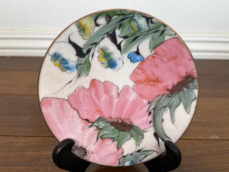 Signed Lilyan Bachrach Metal Enamel Studio Art Plate Floral Design With Stand 5R [Photo 2]