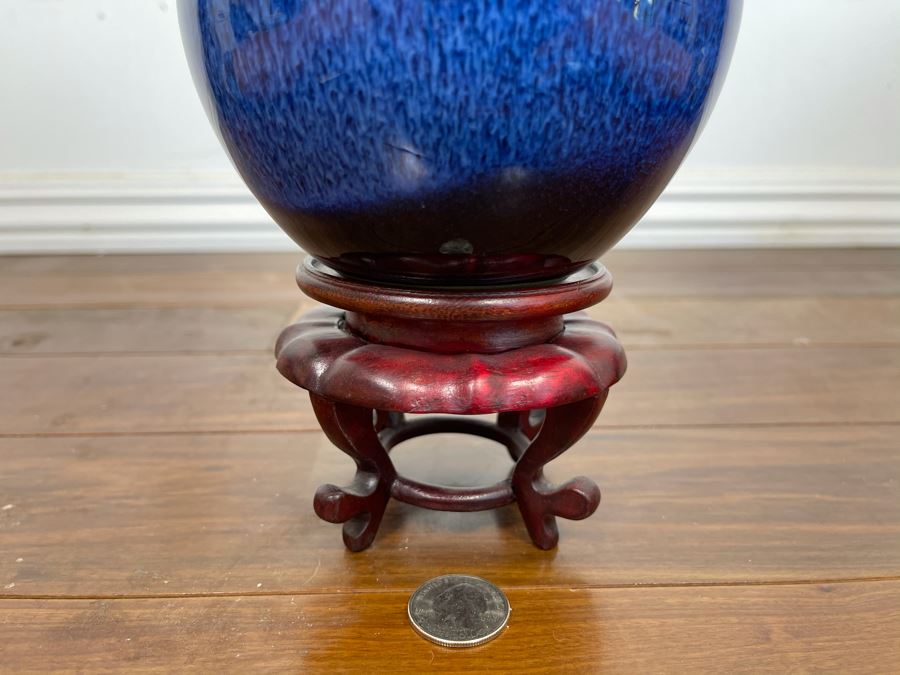Blue Glazed Pottery With Wooden Stand 5W X 7.5H [Photo 4]