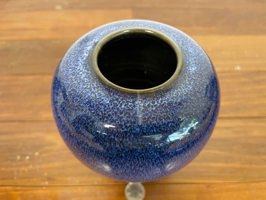 Blue Glazed Pottery With Wooden Stand 5W X 7.5H [Photo 3]