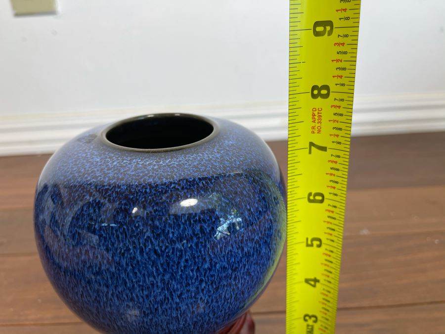 Blue Glazed Pottery With Wooden Stand 5W X 7.5H [Photo 7]