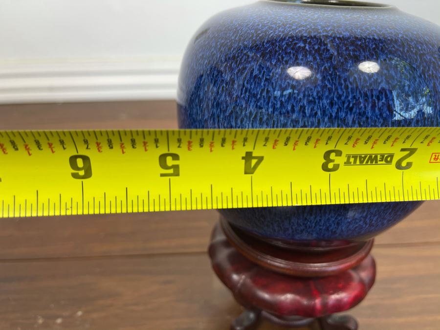 Blue Glazed Pottery With Wooden Stand 5W X 7.5H [Photo 8]