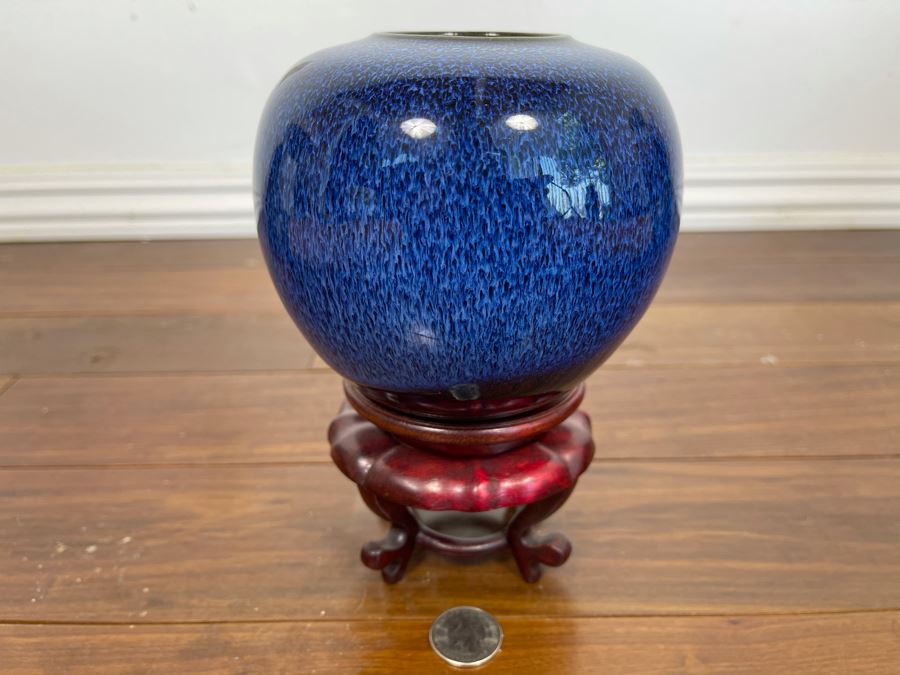 Blue Glazed Pottery With Wooden Stand 5W X 7.5H [Photo 2]