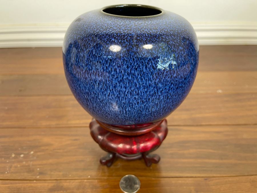 Blue Glazed Pottery With Wooden Stand 5W X 7.5H