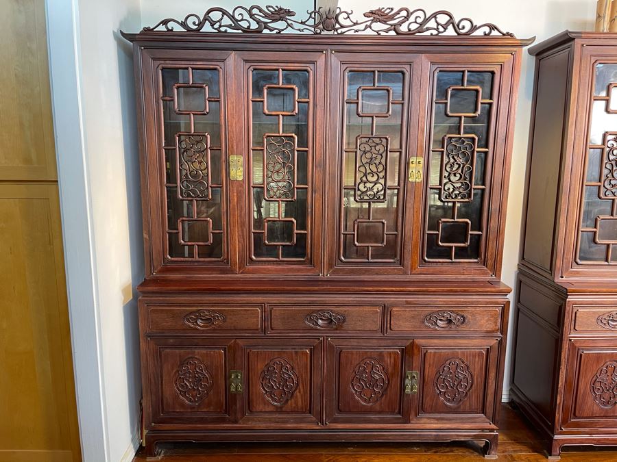Vintage Chinese Carved Rosewood Cabinet Bookshelf China Cabinet With Dragon Serpent Motif 66'W X 19'D X 80'H [Photo 2]