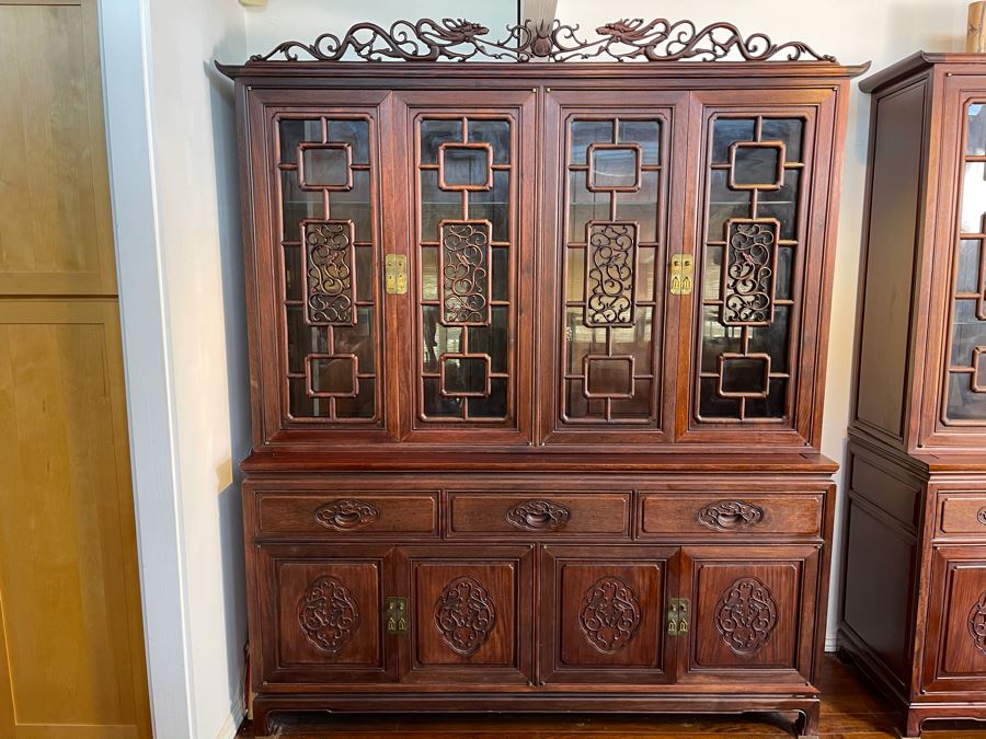 Vintage Chinese Carved Rosewood Cabinet Bookshelf China Cabinet With Dragon Serpent Motif 66'W X 19'D X 80'H [Photo 3]
