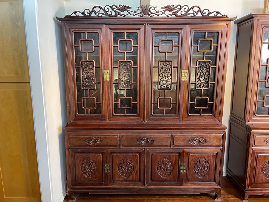 Vintage Chinese Carved Rosewood Cabinet Bookshelf China Cabinet With Dragon Serpent Motif 66'W X 19'D X 80'H [Photo 5]