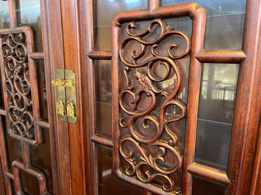 Vintage Chinese Carved Rosewood Cabinet Bookshelf China Cabinet With Dragon Serpent Motif 66'W X 19'D X 80'H [Photo 9]