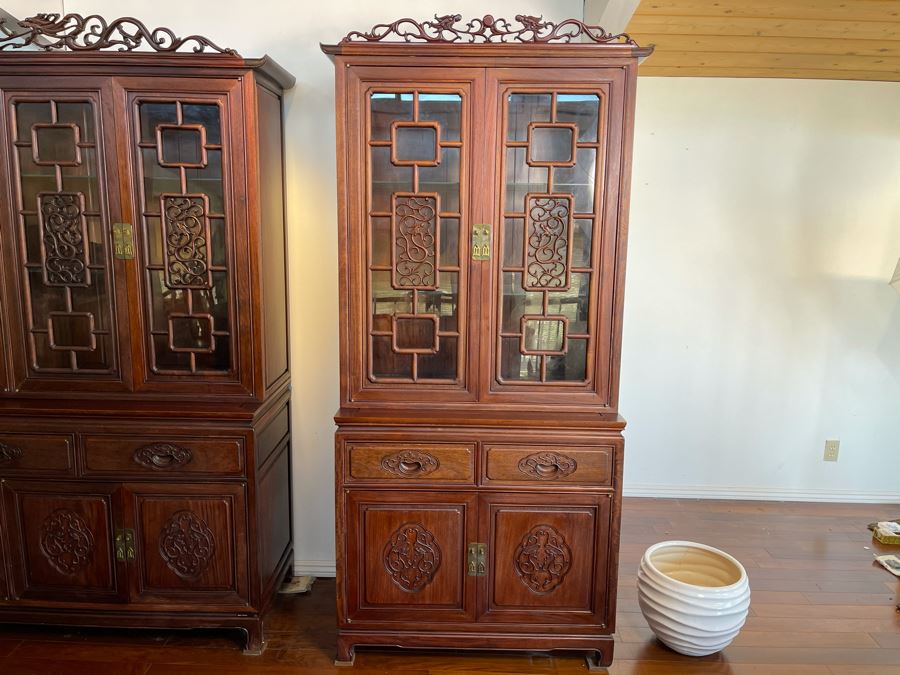 Vintage Chinese Carved Rosewood Cabinet Bookshelf China Cabinet With Dragon Serpent Motif 36'W X 19'D X 81'H [Photo 1]