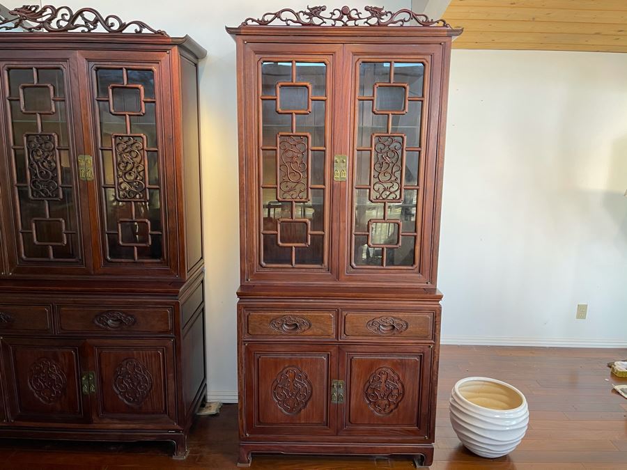 Vintage Chinese Carved Rosewood Cabinet Bookshelf China Cabinet With Dragon Serpent Motif 36'W X 19'D X 81'H [Photo 4]