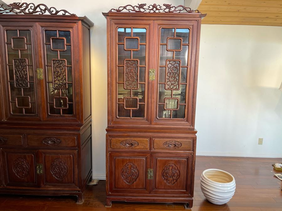 Vintage Chinese Carved Rosewood Cabinet Bookshelf China Cabinet With Dragon Serpent Motif 36'W X 19'D X 81'H [Photo 3]