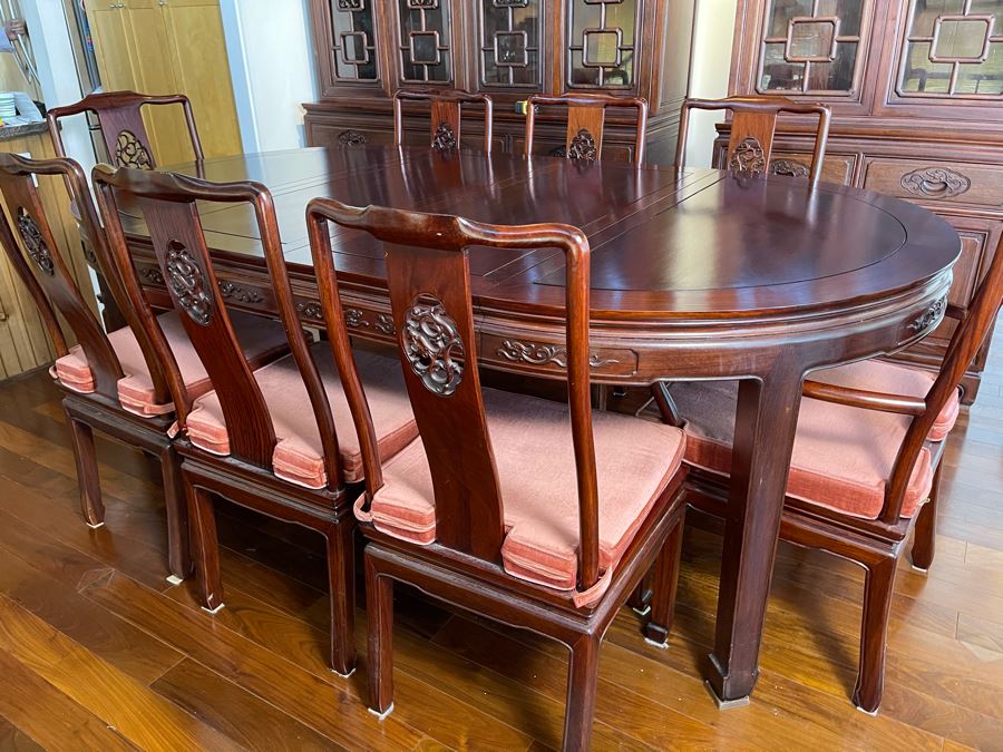Beautiful Rosewood Dining Table With Two Leaves And Eight Rosewood Dining Chairs (Two Are Armchairs) 7'L X 4'W X 31'H [Photo 15]