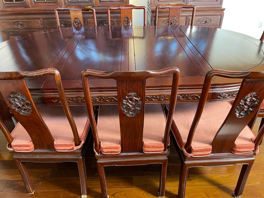 Beautiful Rosewood Dining Table With Two Leaves And Eight Rosewood Dining Chairs (Two Are Armchairs) 7'L X 4'W X 31'H [Photo 11]