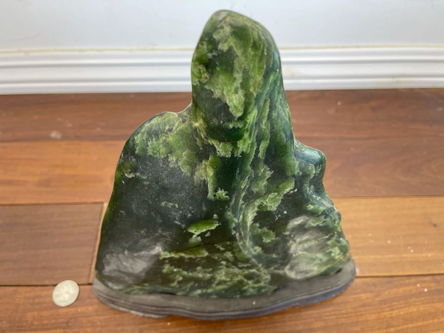 Antique Chinese Jade Stone Scholar Mountain Organic Sculpture With Wooden Stand 10W X 2.5D X 11H [Photo 3]