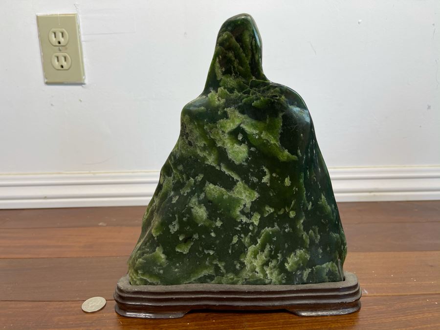 Antique Chinese Jade Stone Scholar Mountain Organic Sculpture With Wooden Stand 10W X 2.5D X 11H [Photo 5]