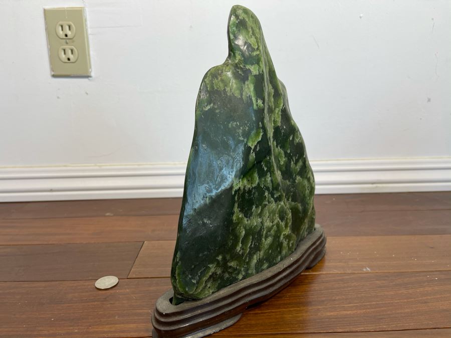 Antique Chinese Jade Stone Scholar Mountain Organic Sculpture With Wooden Stand 10W X 2.5D X 11H [Photo 4]
