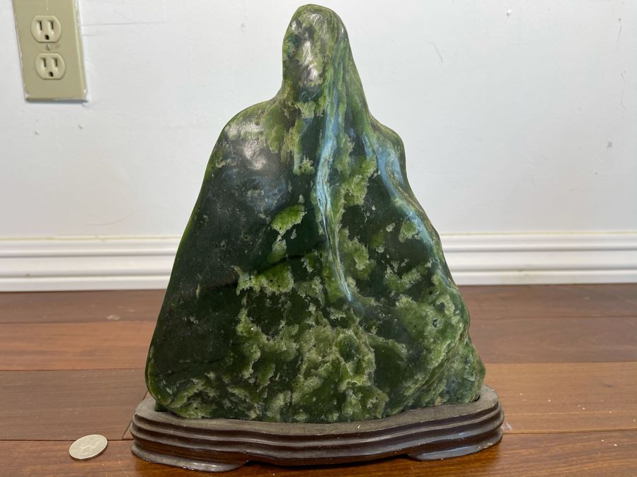 Antique Chinese Jade Stone Scholar Mountain Organic Sculpture With Wooden Stand 10W X 2.5D X 11H [Photo 2]