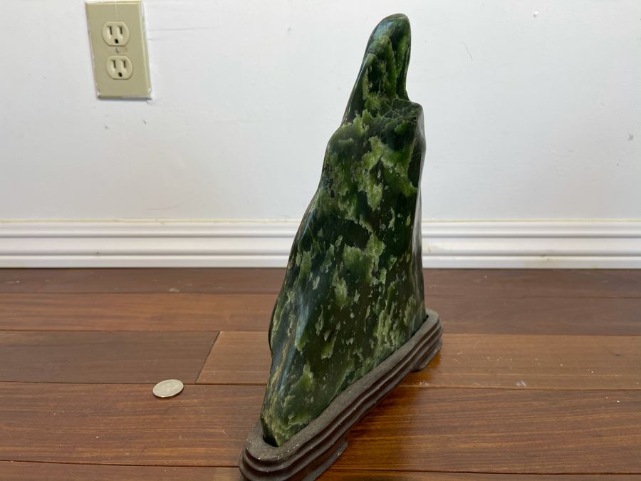 Antique Chinese Jade Stone Scholar Mountain Organic Sculpture With Wooden Stand 10W X 2.5D X 11H [Photo 9]