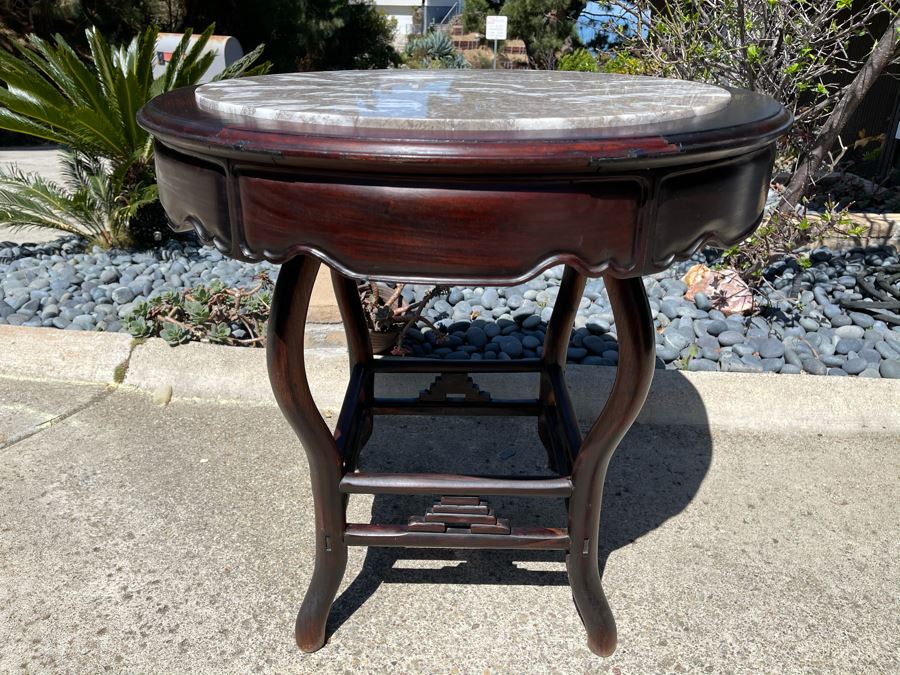 Stunning Antique Chinese Rosewood Marble Top Round Table 32W X 31H [Photo 3]