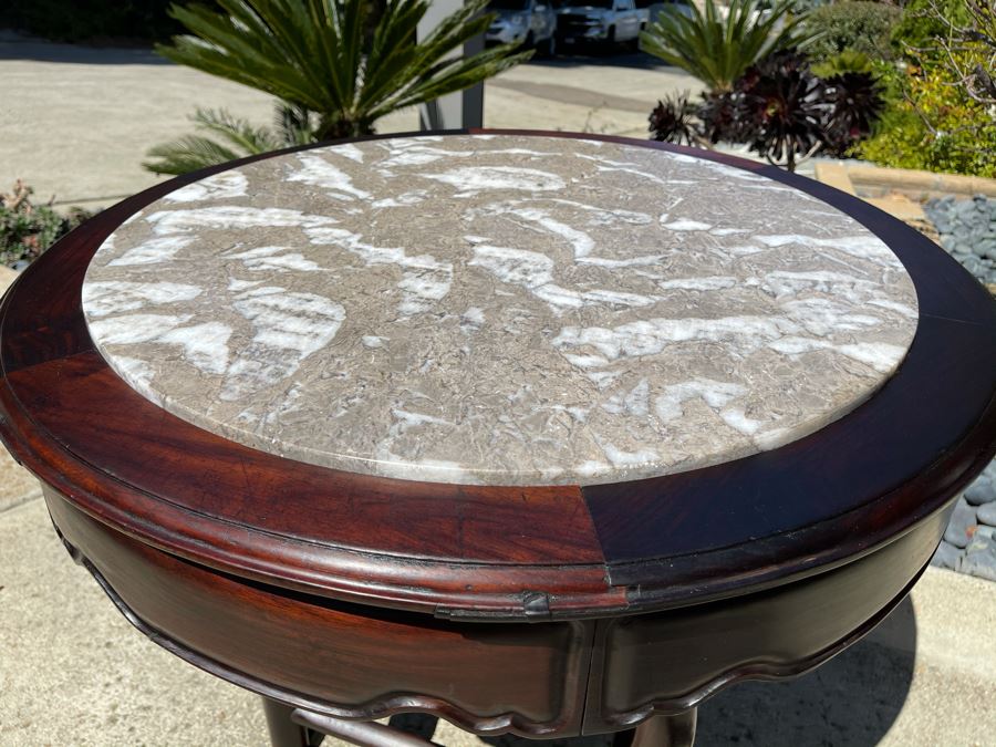 Stunning Antique Chinese Rosewood Marble Top Round Table 32W X 31H [Photo 10]