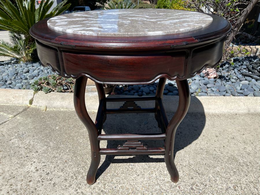 Stunning Antique Chinese Rosewood Marble Top Round Table 32W X 31H [Photo 7]