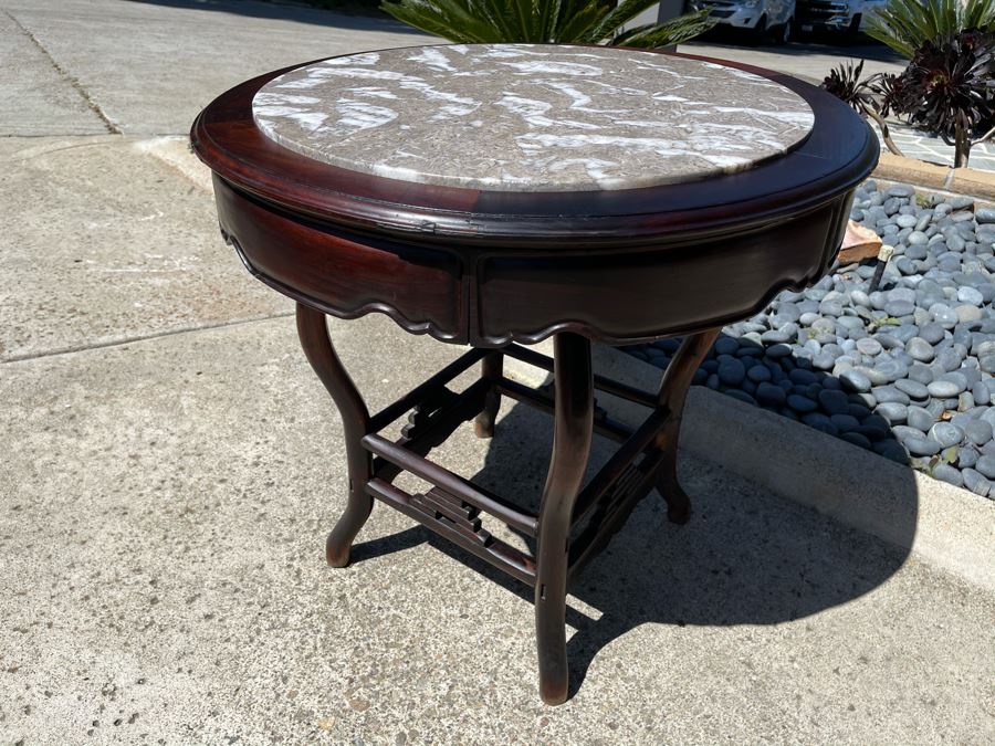 Stunning Antique Chinese Rosewood Marble Top Round Table 32W X 31H [Photo 9]