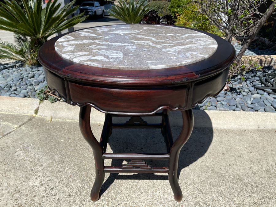 Stunning Antique Chinese Rosewood Marble Top Round Table 32W X 31H [Photo 2]