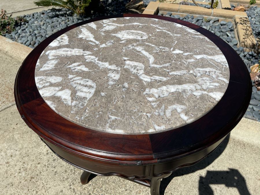 Stunning Antique Chinese Rosewood Marble Top Round Table 32W X 31H [Photo 11]