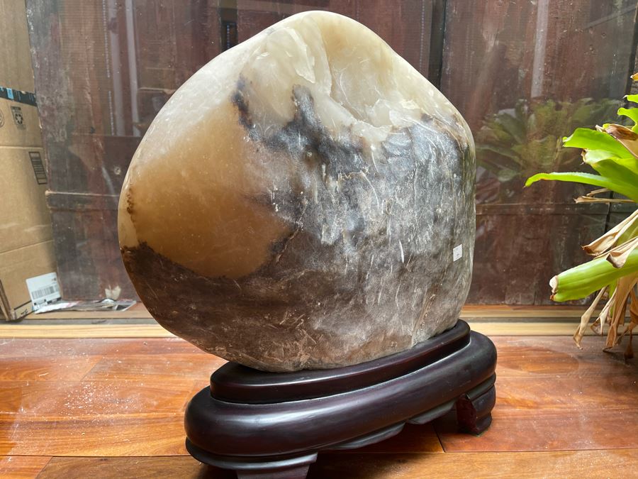 Large Chinese Moonstone Scholars Rock On Wooden Stand 19W X 6D X 20H [Photo 7]