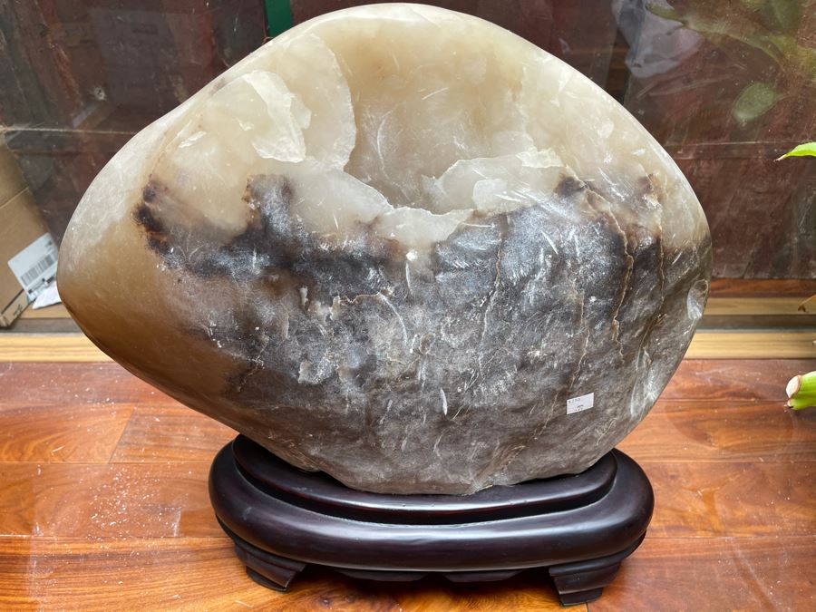 Large Chinese Moonstone Scholars Rock On Wooden Stand 19W X 6D X 20H [Photo 16]