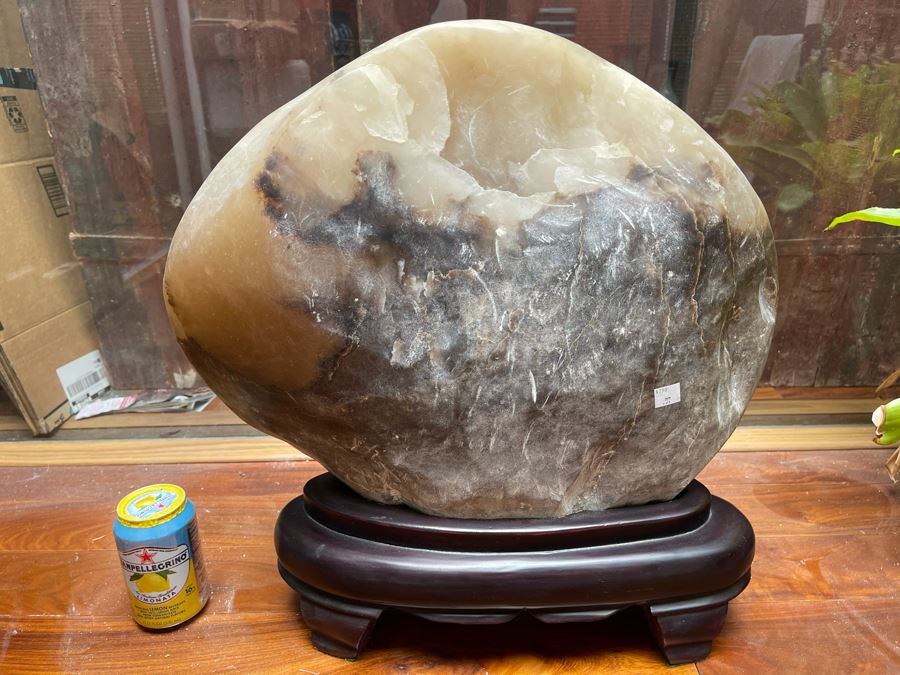 Large Chinese Moonstone Scholars Rock On Wooden Stand 19W X 6D X 20H [Photo 18]