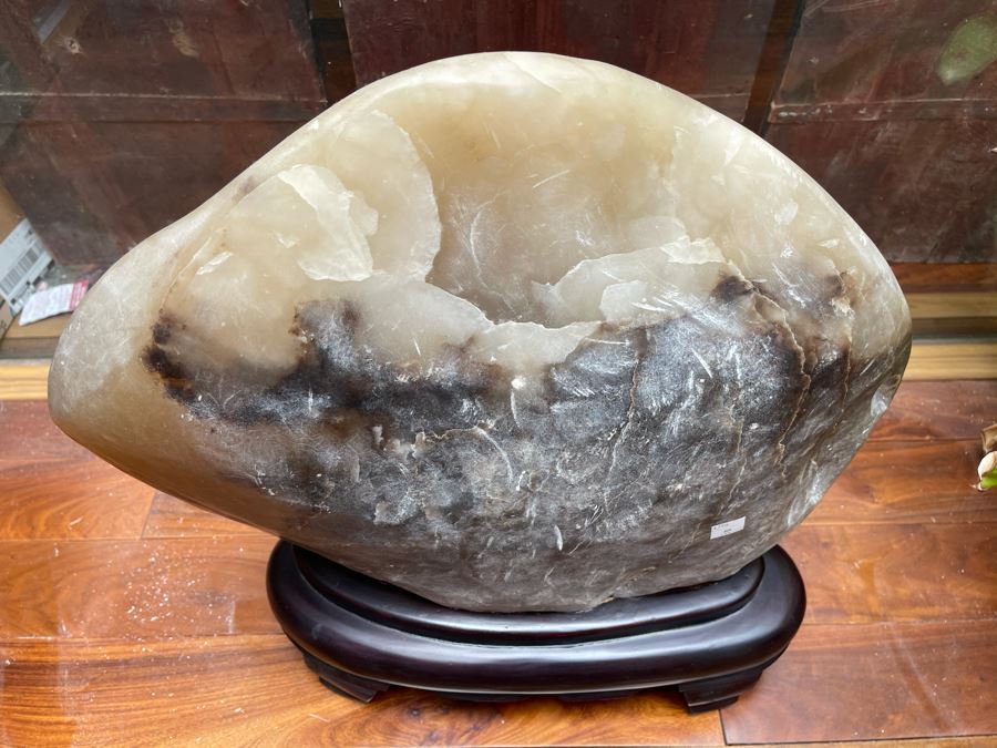 Large Chinese Moonstone Scholars Rock On Wooden Stand 19W X 6D X 20H [Photo 15]