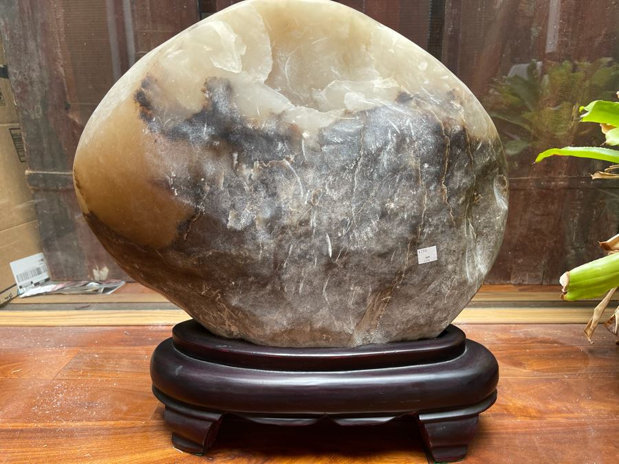 Large Chinese Moonstone Scholars Rock On Wooden Stand 19W X 6D X 20H [Photo 2]