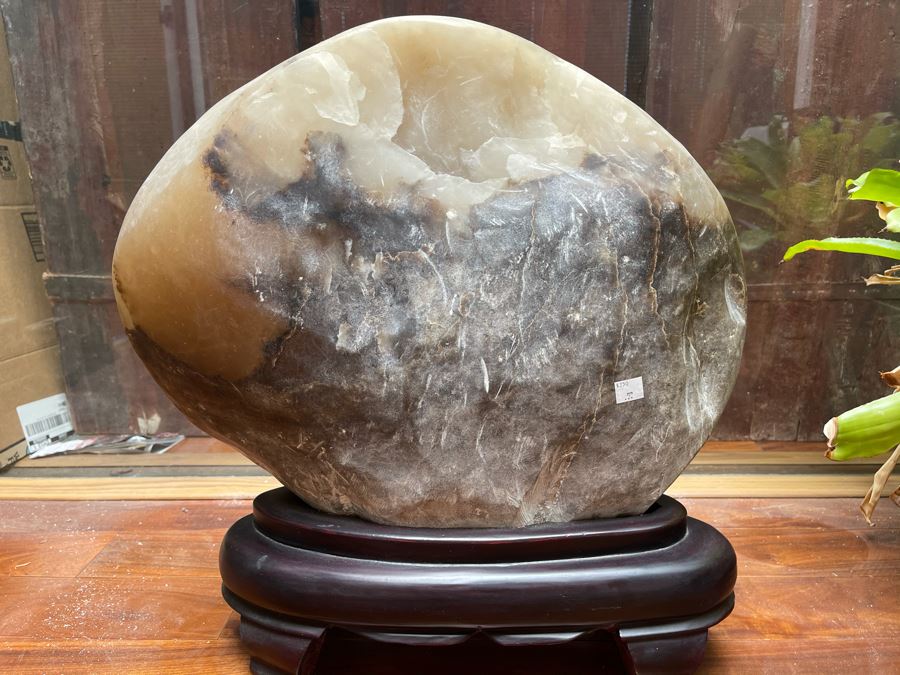 Large Chinese Moonstone Scholars Rock On Wooden Stand 19W X 6D X 20H [Photo 1]
