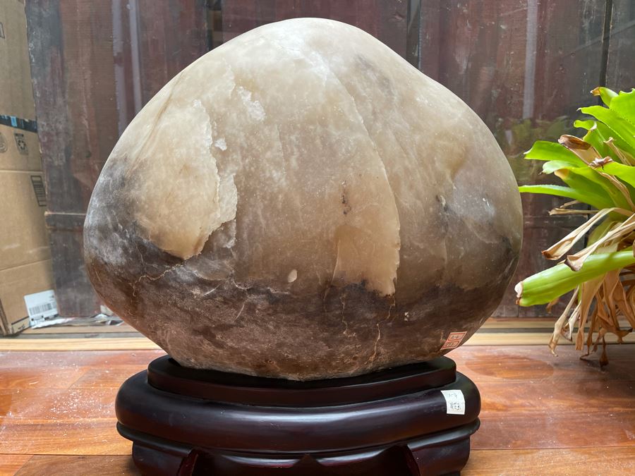 Large Chinese Moonstone Scholars Rock On Wooden Stand 19W X 6D X 20H [Photo 8]