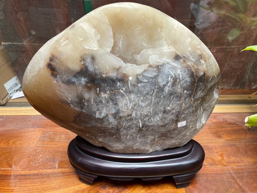 Large Chinese Moonstone Scholars Rock On Wooden Stand 19W X 6D X 20H [Photo 17]