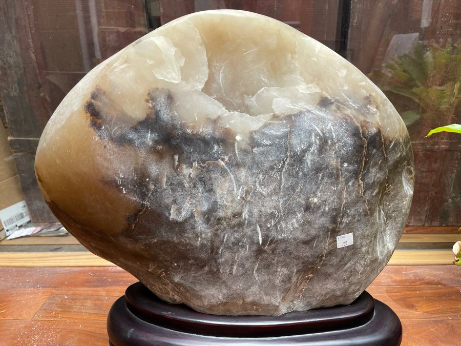 Large Chinese Moonstone Scholars Rock On Wooden Stand 19W X 6D X 20H [Photo 3]