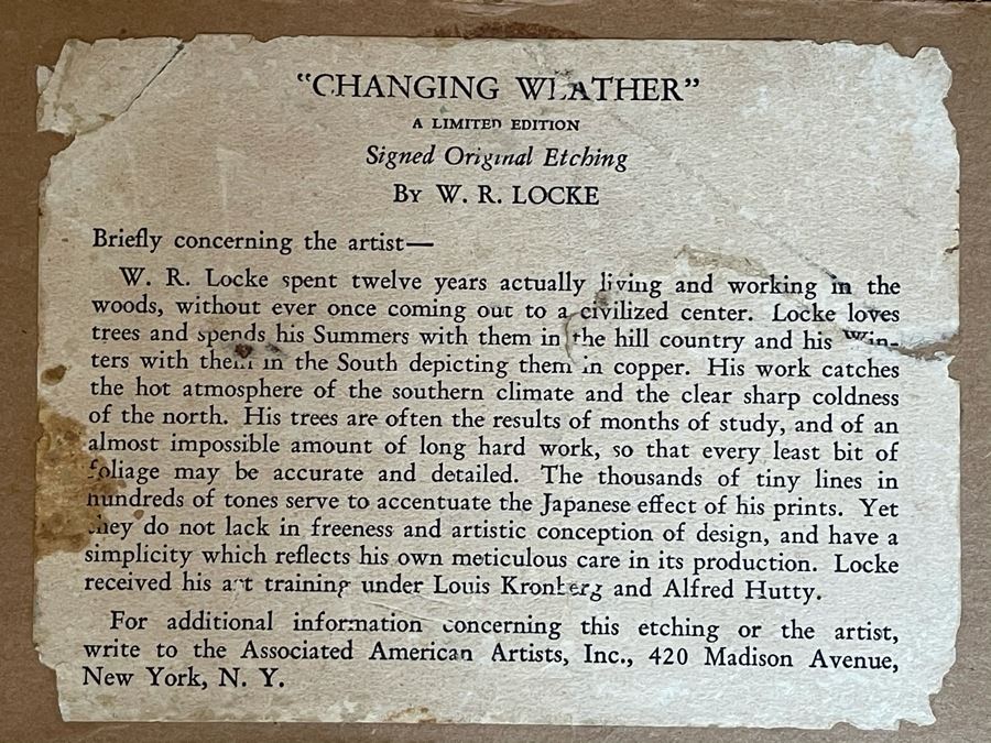 Vintage 1936 Signed Original Landscape Etching By W. R. Locke Titled 'Changing Weather' Limited Edition Framed Walter Ronald Locke 11 X 10 [Photo 18]