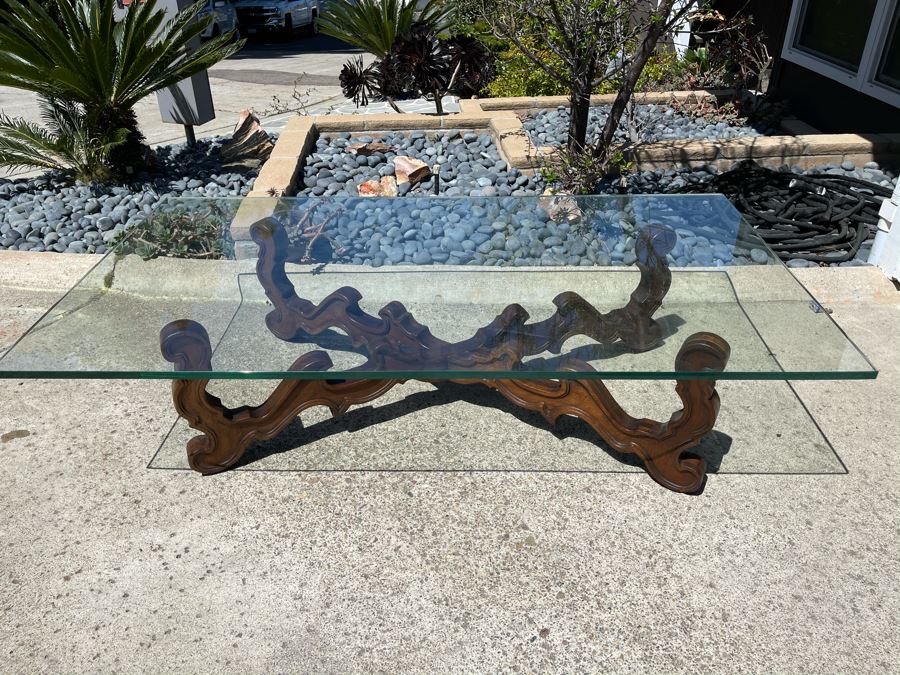 Wooden Base Glass Top Coffee Table 66W X 36D X 16.5H Glass Is 0.75' [Photo 1]