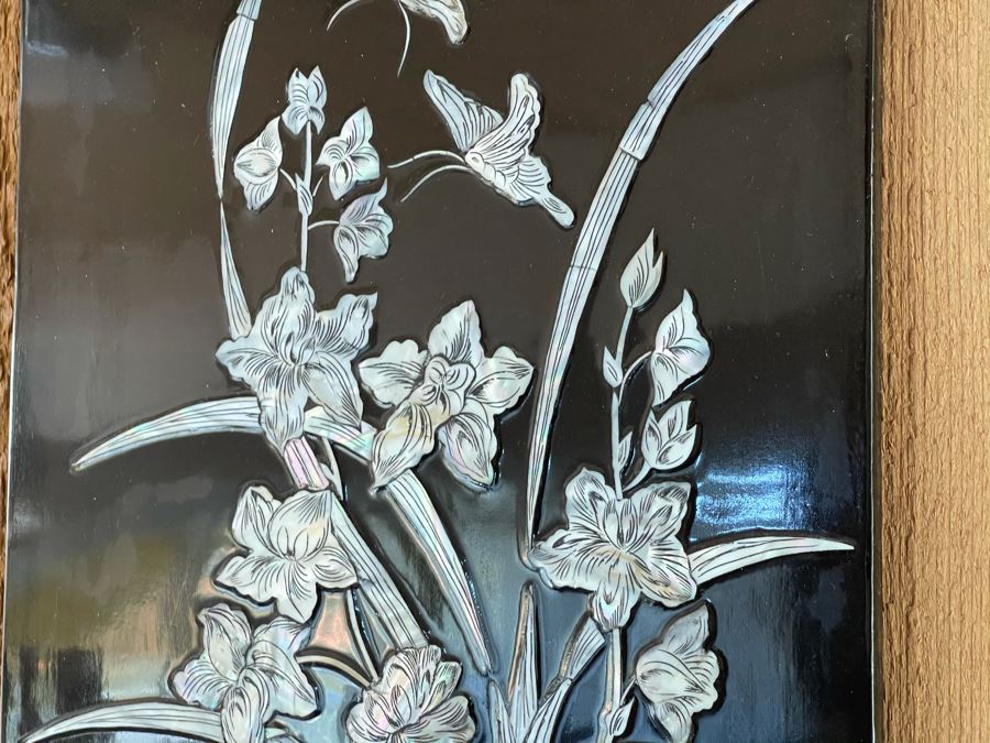 Set Of Four Asian Inlaid Mother Of Pearl Wall Panels Artwork Featuring Various Trees And Birds 11.5W X 23.5H [Photo 16]