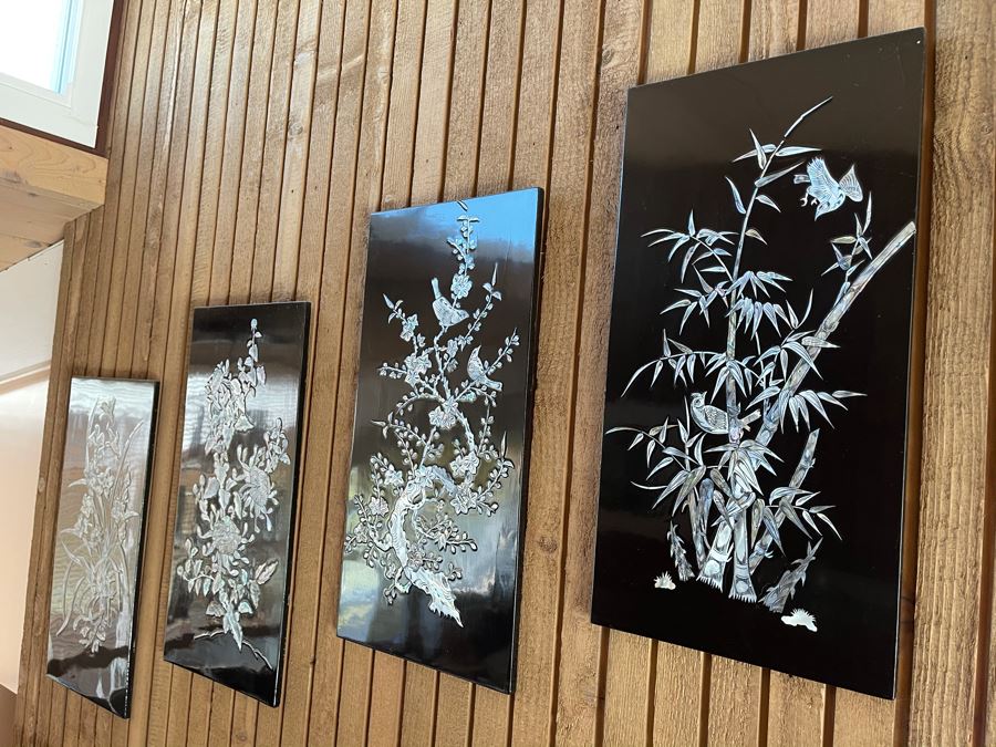 Set Of Four Asian Inlaid Mother Of Pearl Wall Panels Artwork Featuring Various Trees And Birds 11.5W X 23.5H [Photo 4]