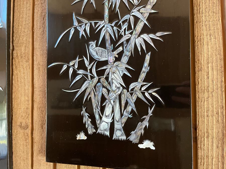 Set Of Four Asian Inlaid Mother Of Pearl Wall Panels Artwork Featuring Various Trees And Birds 11.5W X 23.5H [Photo 5]