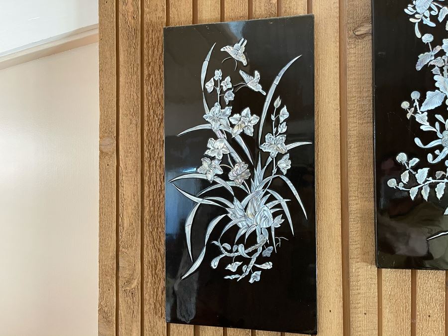 Set Of Four Asian Inlaid Mother Of Pearl Wall Panels Artwork Featuring Various Trees And Birds 11.5W X 23.5H [Photo 14]