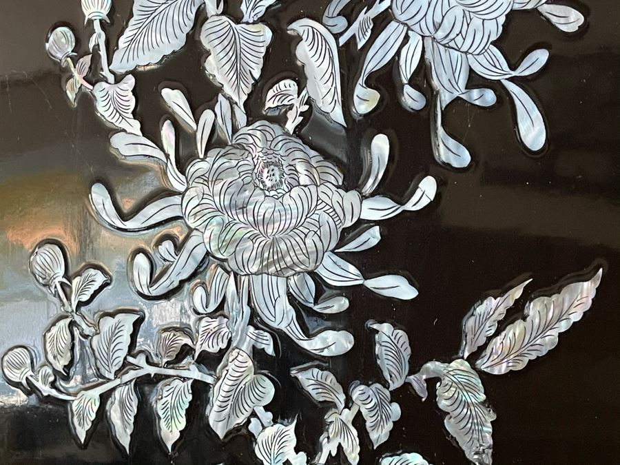 Set Of Four Asian Inlaid Mother Of Pearl Wall Panels Artwork Featuring Various Trees And Birds 11.5W X 23.5H [Photo 12]