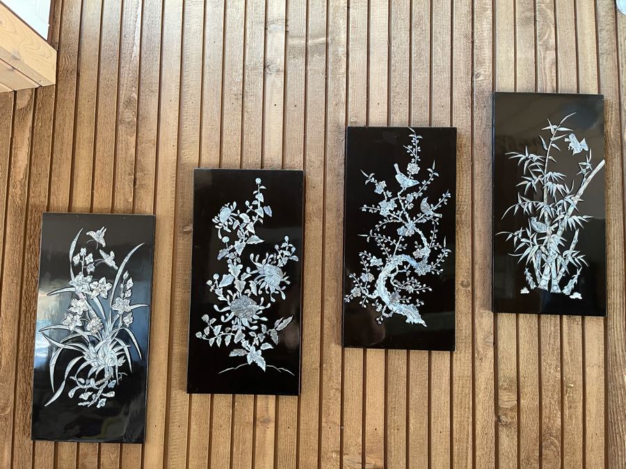 Set Of Four Asian Inlaid Mother Of Pearl Wall Panels Artwork Featuring Various Trees And Birds 11.5W X 23.5H [Photo 2]