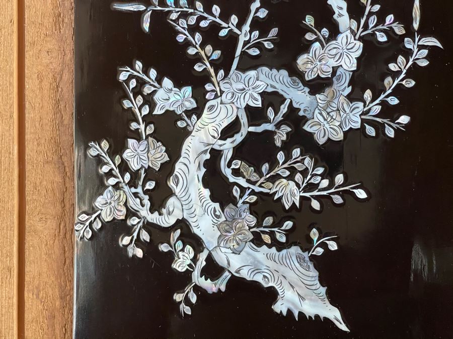 Set Of Four Asian Inlaid Mother Of Pearl Wall Panels Artwork Featuring Various Trees And Birds 11.5W X 23.5H [Photo 8]