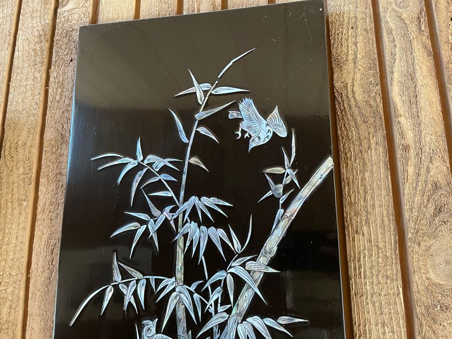 Set Of Four Asian Inlaid Mother Of Pearl Wall Panels Artwork Featuring Various Trees And Birds 11.5W X 23.5H [Photo 6]
