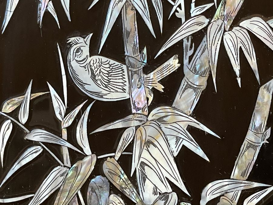 Set Of Four Asian Inlaid Mother Of Pearl Wall Panels Artwork Featuring Various Trees And Birds 11.5W X 23.5H [Photo 7]