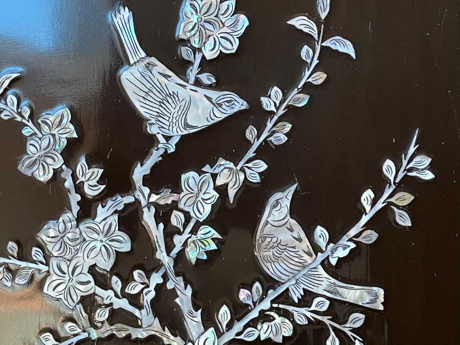 Set Of Four Asian Inlaid Mother Of Pearl Wall Panels Artwork Featuring Various Trees And Birds 11.5W X 23.5H [Photo 10]